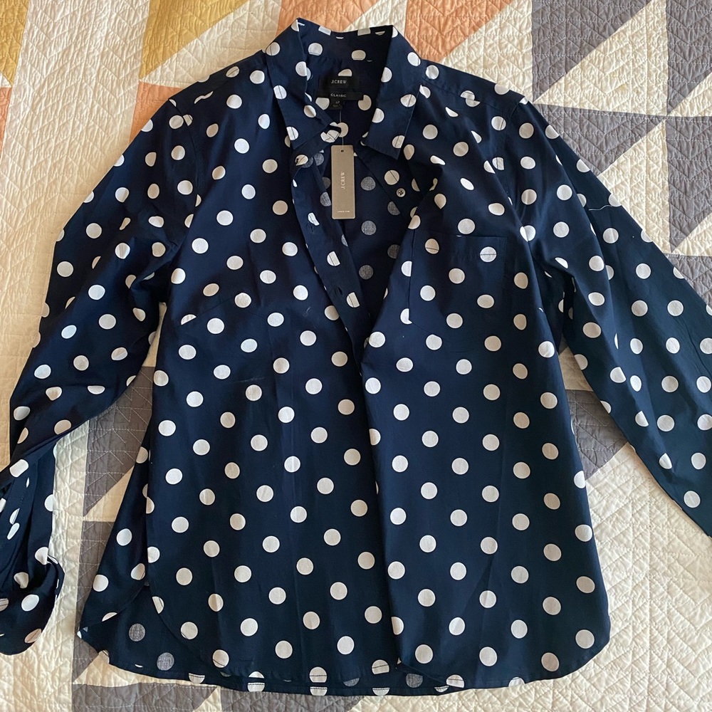 J. Crew Classic Pullover Polka Dot Navy Shirt NWT